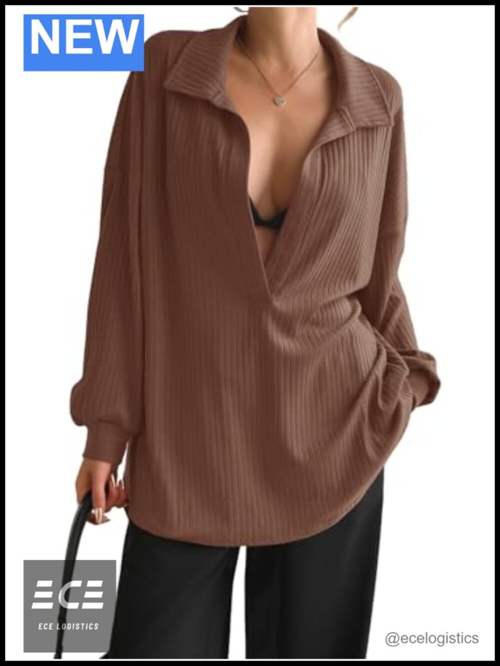 Womens Oversized Deep V Neck Sweatshirt Casual Ribbed Knit Pullover Top